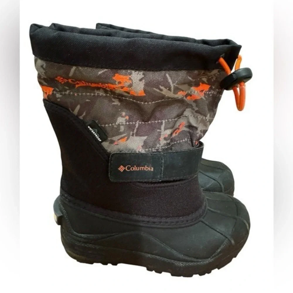 Columbia Powderbug Plus II Kids Snow Boots Waterproof Camo Orange Black BC132712